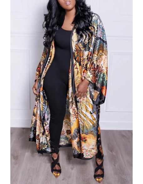 Geometric Print Cami Top & Drawstring Pants Set With Longline Coat