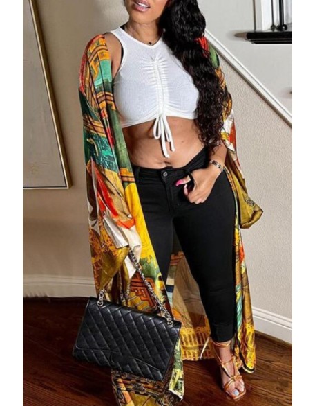 Geometric Print Cami Top & Drawstring Pants Set With Longline Coat